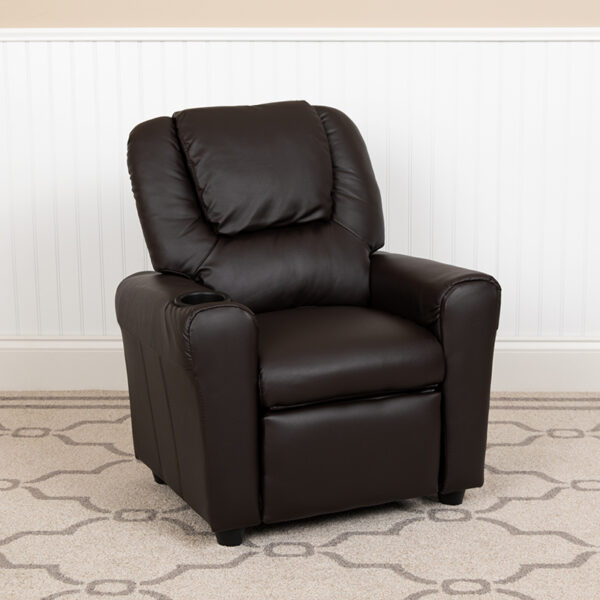 Lowest Price Contemporary Brown Leather Kids Recliner with Cup Holder and Headrest