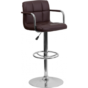 Wholesale Contemporary Brown Quilted Vinyl Adjustable Height Barstool with Arms and Chrome Base