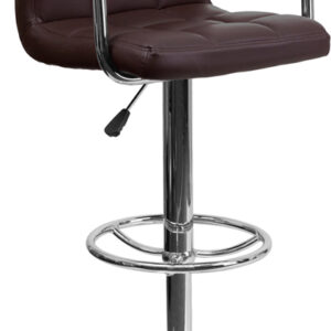 Wholesale Contemporary Brown Quilted Vinyl Adjustable Height Barstool with Arms and Chrome Base