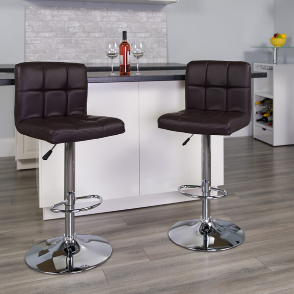 Lowest Price Contemporary Brown Quilted Vinyl Adjustable Height Barstool with Chrome Base