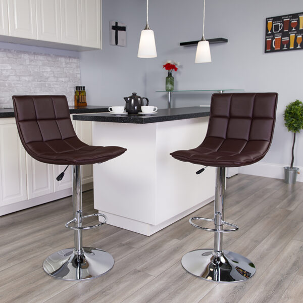 Lowest Price Contemporary Brown Quilted Vinyl Adjustable Height Barstool with Elongated Curved Back and Chrome Base