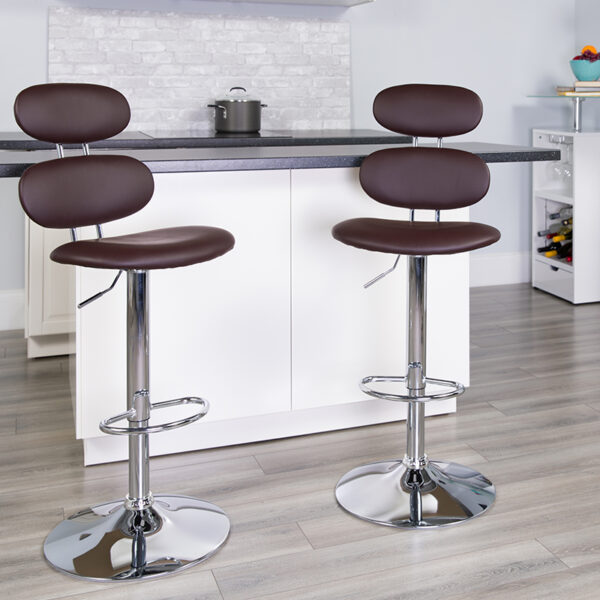 Lowest Price Contemporary Brown Vinyl Adjustable Height Barstool with Ellipse Back and Chrome Base