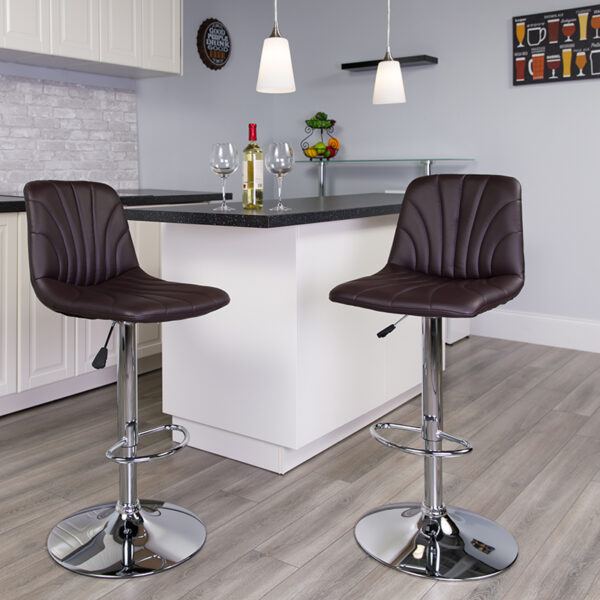 Lowest Price Contemporary Brown Vinyl Adjustable Height Barstool with Embellished Stitch Design and Chrome Base
