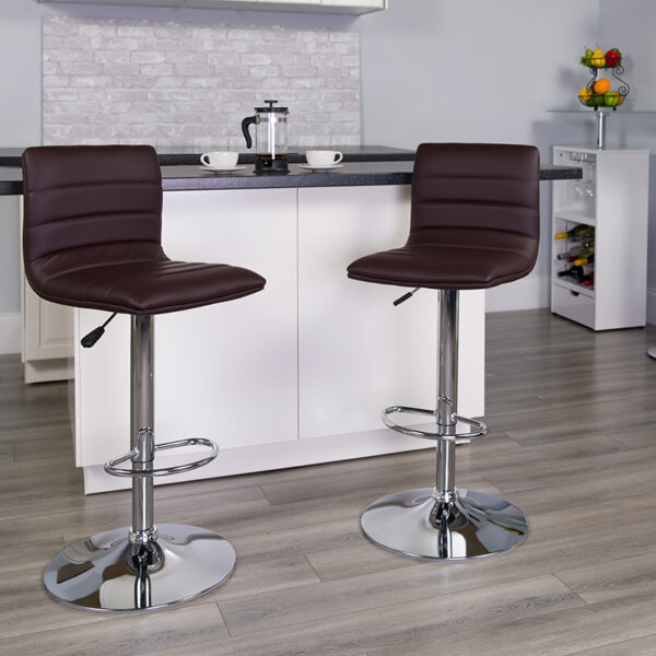 Lowest Price Contemporary Brown Vinyl Adjustable Height Barstool with Horizontal Stitch Back and Chrome Base