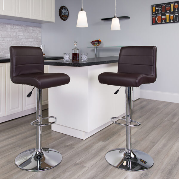 Lowest Price Contemporary Brown Vinyl Adjustable Height Barstool with Rolled Seat and Chrome Base