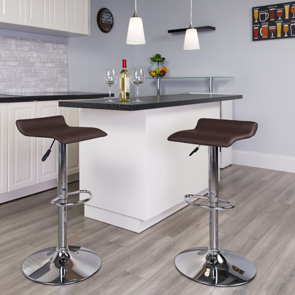 Lowest Price Contemporary Brown Vinyl Adjustable Height Barstool with Solid Wave Seat and Chrome Base