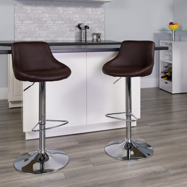 Lowest Price Contemporary Brown Vinyl Bucket Seat Adjustable Height Barstool with Chrome Base