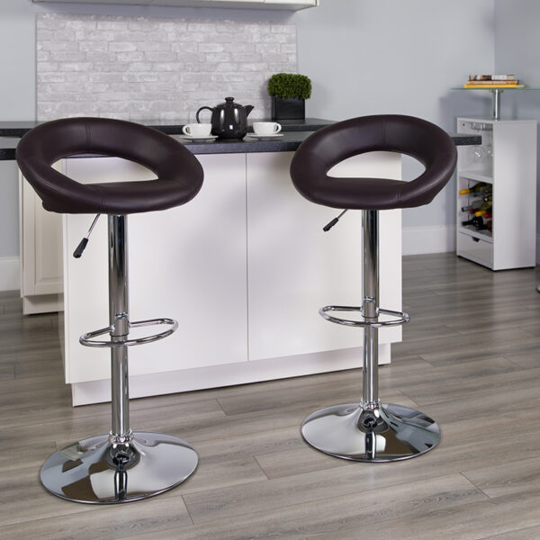Lowest Price Contemporary Brown Vinyl Rounded Orbit-Style Back Adjustable Height Barstool with Chrome Base