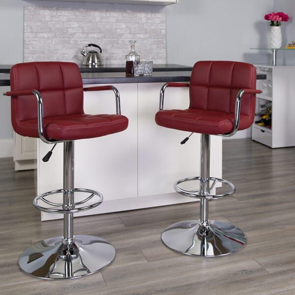 Lowest Price Contemporary Burgundy Quilted Vinyl Adjustable Height Barstool with Arms and Chrome Base