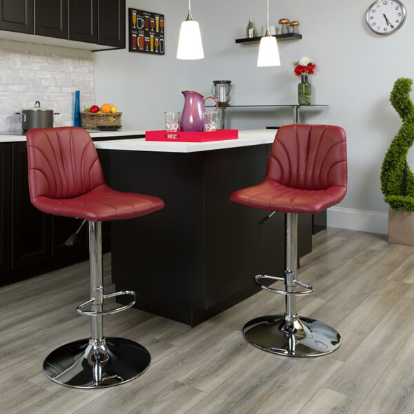 Lowest Price Contemporary Burgundy Vinyl Adjustable Height Barstool with Embellished Stitch Design and Chrome Base