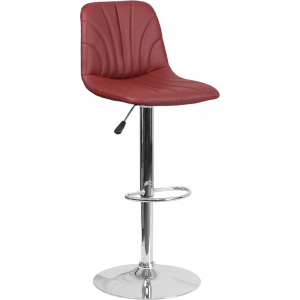 Wholesale Contemporary Burgundy Vinyl Adjustable Height Barstool with Embellished Stitch Design and Chrome Base