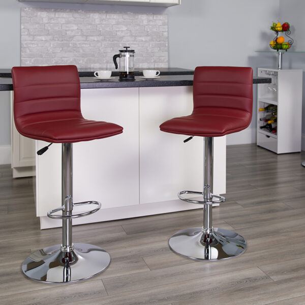 Lowest Price Contemporary Burgundy Vinyl Adjustable Height Barstool with Horizontal Stitch Back and Chrome Base