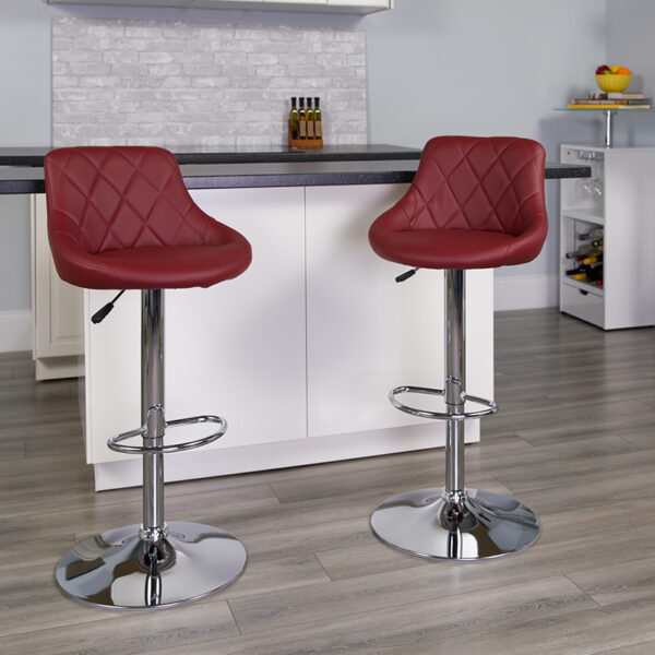 Lowest Price Contemporary Burgundy Vinyl Bucket Seat Adjustable Height Barstool with Diamond Pattern Back and Chrome Base