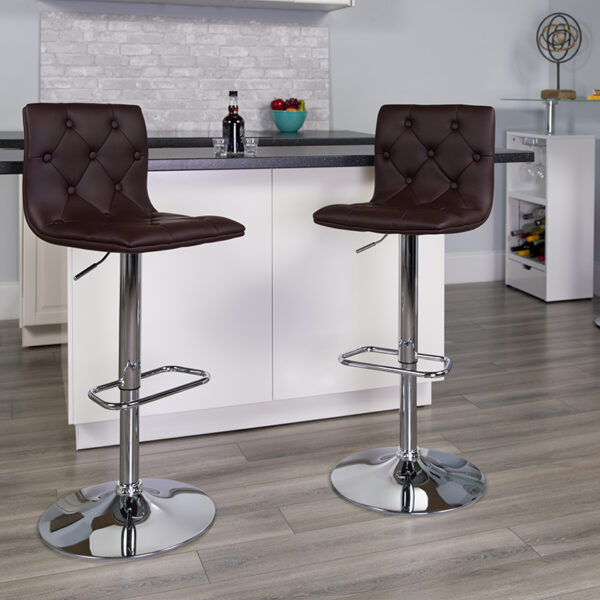 Lowest Price Contemporary Button Tufted Brown Vinyl Adjustable Height Barstool with Chrome Base