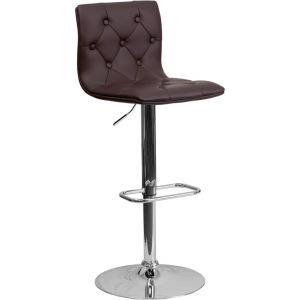 Wholesale Contemporary Button Tufted Brown Vinyl Adjustable Height Barstool with Chrome Base