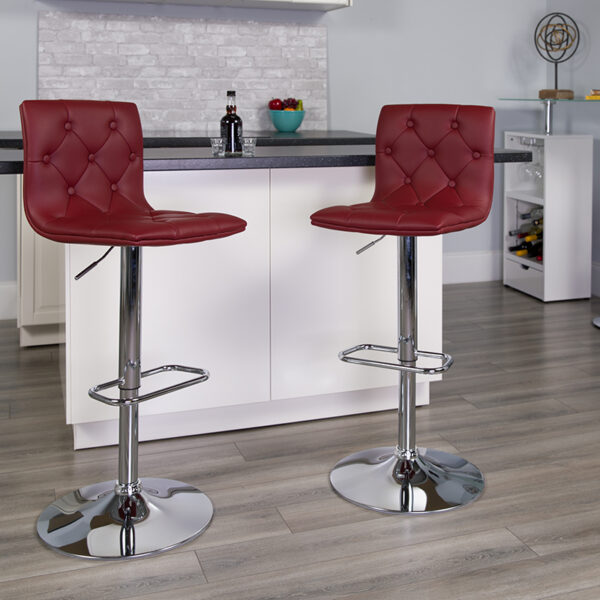 Lowest Price Contemporary Button Tufted Burgundy Vinyl Adjustable Height Barstool with Chrome Base