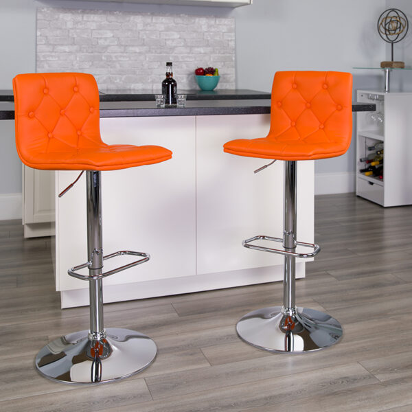 Lowest Price Contemporary Button Tufted Orange Vinyl Adjustable Height Barstool with Chrome Base