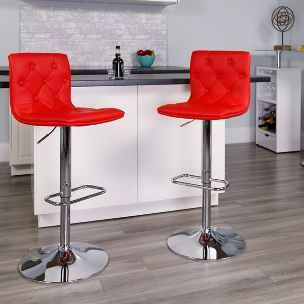 Lowest Price Contemporary Button Tufted Red Vinyl Adjustable Height Barstool with Chrome Base