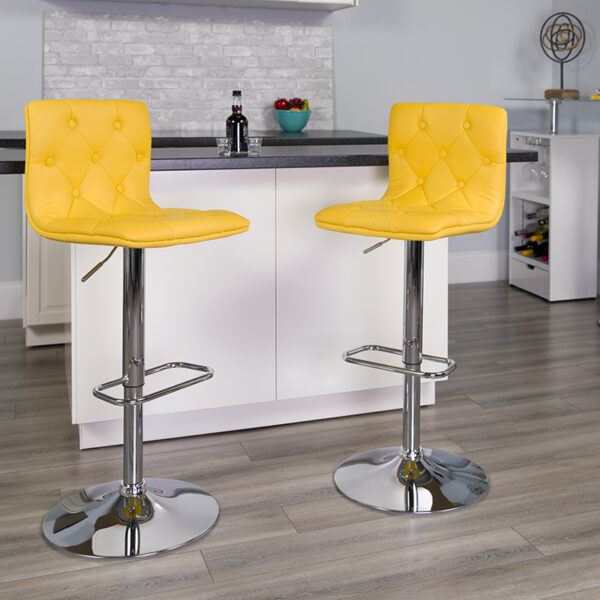 Lowest Price Contemporary Button Tufted Yellow Vinyl Adjustable Height Barstool with Chrome Base
