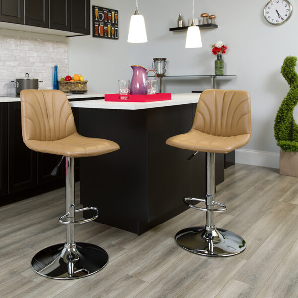 Lowest Price Contemporary Cappuccino Vinyl Adjustable Height Barstool with Embellished Stitch Design and Chrome Base