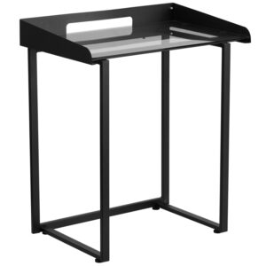 Wholesale Contemporary Clear Tempered Glass Desk with Raised Cable Management Border and Black Metal Frame
