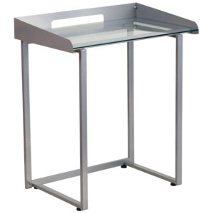 Wholesale Contemporary Clear Tempered Glass Desk with Raised Cable Management Border and Silver Metal Frame