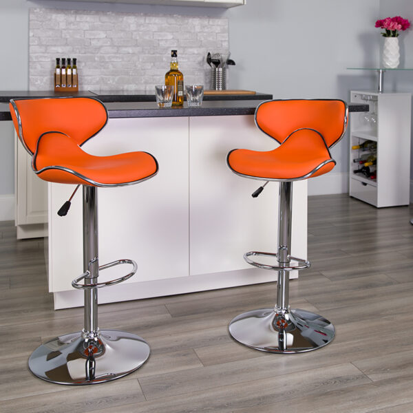 Lowest Price Contemporary Cozy Mid-Back Orange Vinyl Adjustable Height Barstool with Chrome Base
