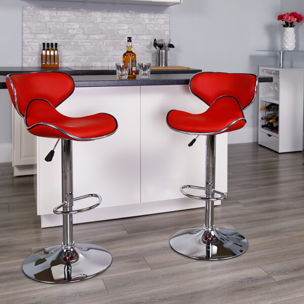 Lowest Price Contemporary Cozy Mid-Back Red Vinyl Adjustable Height Barstool with Chrome Base