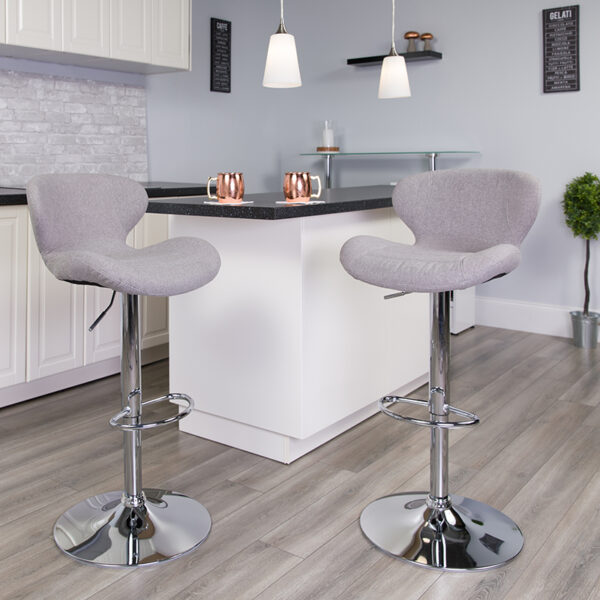 Lowest Price Contemporary Gray Fabric Adjustable Height Barstool with Curved Back and Chrome Base
