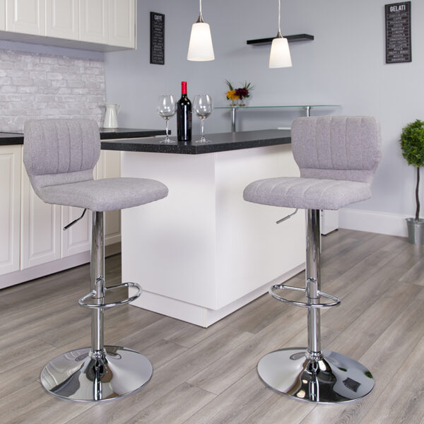 Lowest Price Contemporary Gray Fabric Adjustable Height Barstool with Vertical Stitch Back and Chrome Base
