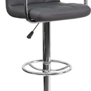 Wholesale Contemporary Gray Quilted Vinyl Adjustable Height Barstool with Arms and Chrome Base