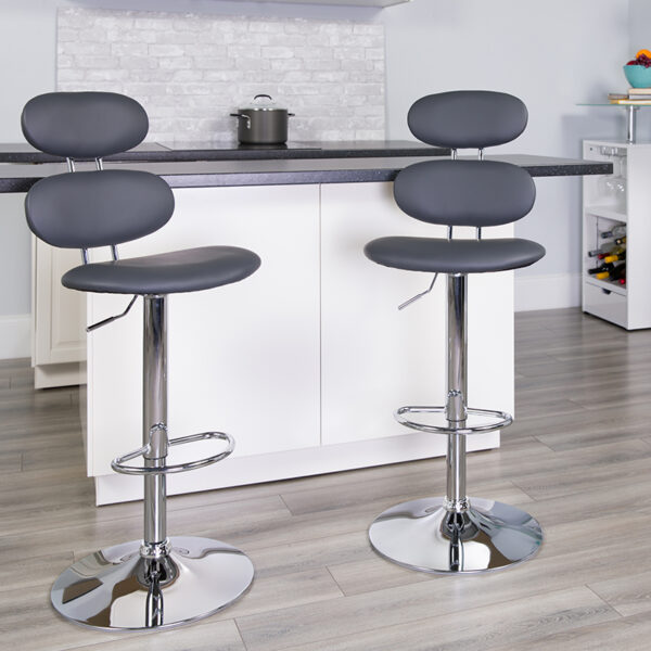 Lowest Price Contemporary Gray Vinyl Adjustable Height Barstool with Ellipse Back and Chrome Base