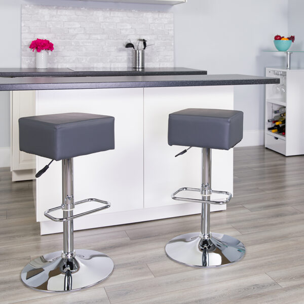 Lowest Price Contemporary Gray Vinyl Adjustable Height Barstool with Square Seat and Chrome Base