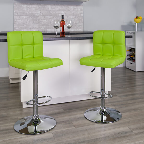 Lowest Price Contemporary Green Quilted Vinyl Adjustable Height Barstool with Chrome Base