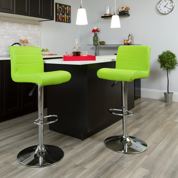 Lowest Price Contemporary Green Vinyl Adjustable Height Barstool with Rolled Seat and Chrome Base