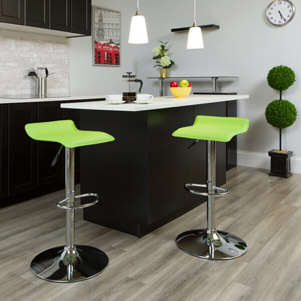 Lowest Price Contemporary Green Vinyl Adjustable Height Barstool with Solid Wave Seat and Chrome Base