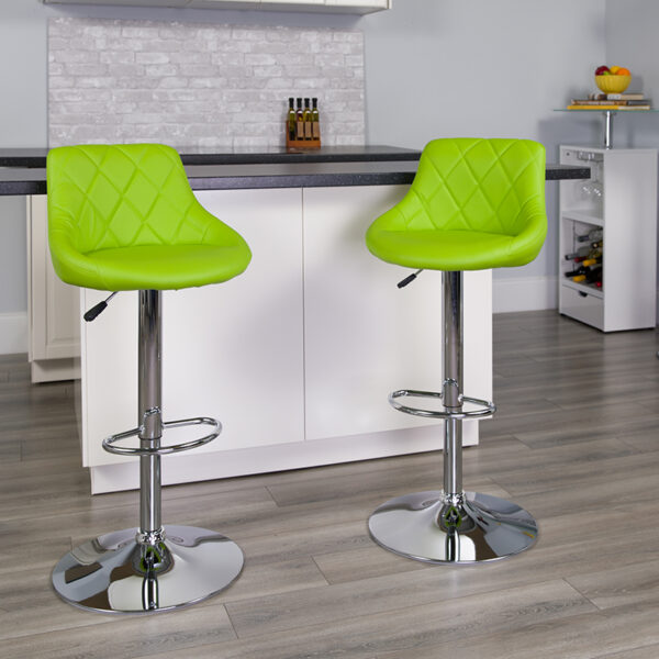 Lowest Price Contemporary Green Vinyl Bucket Seat Adjustable Height Barstool with Diamond Pattern Back and Chrome Base