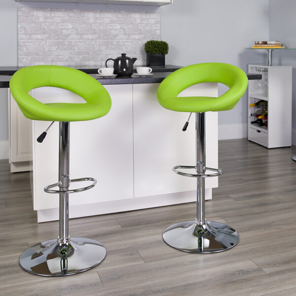 Lowest Price Contemporary Green Vinyl Rounded Orbit-Style Back Adjustable Height Barstool with Chrome Base