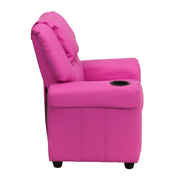Lowest Price Contemporary Hot Pink Vinyl Kids Recliner with Cup Holder and Headrest