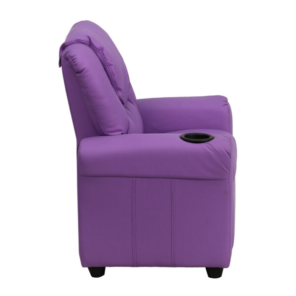 Lowest Price Contemporary Lavender Vinyl Kids Recliner with Cup Holder and Headrest
