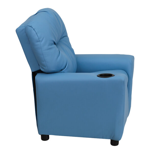 Lowest Price Contemporary Light Blue Vinyl Kids Recliner with Cup Holder