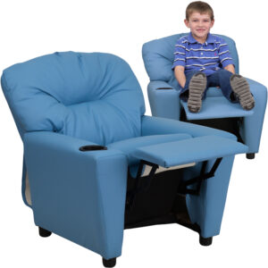 Wholesale Contemporary Light Blue Vinyl Kids Recliner with Cup Holder