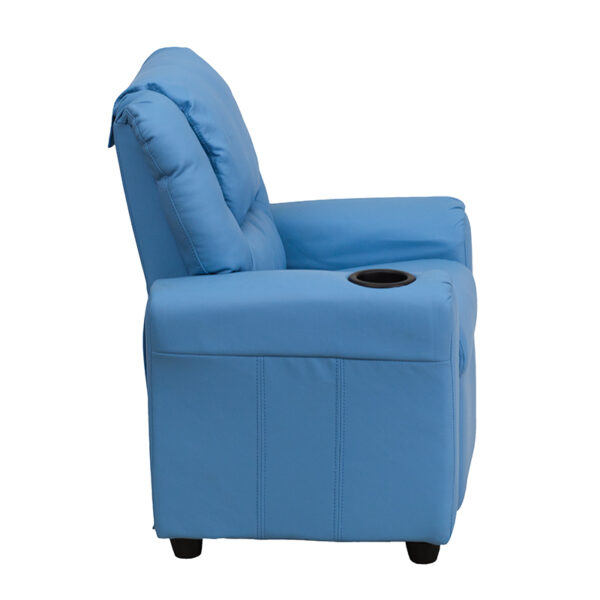 Lowest Price Contemporary Light Blue Vinyl Kids Recliner with Cup Holder and Headrest