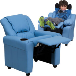 Wholesale Contemporary Light Blue Vinyl Kids Recliner with Cup Holder and Headrest