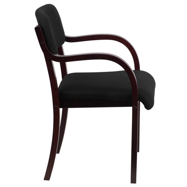 Lowest Price Contemporary Mahogany Wood Side Reception Chair with Arms and Black Fabric Seat