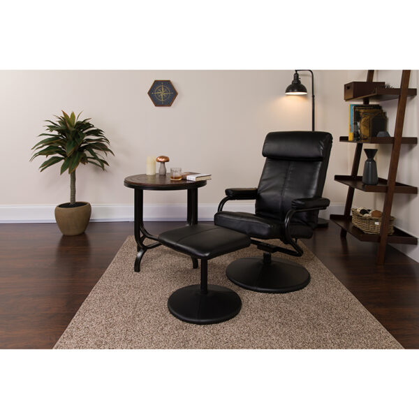 Lowest Price Contemporary Multi-Position Headrest Recliner and Ottoman with Wrapped Base in Black Leather