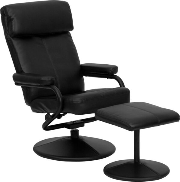 Wholesale Contemporary Multi-Position Headrest Recliner and Ottoman with Wrapped Base in Black Leather