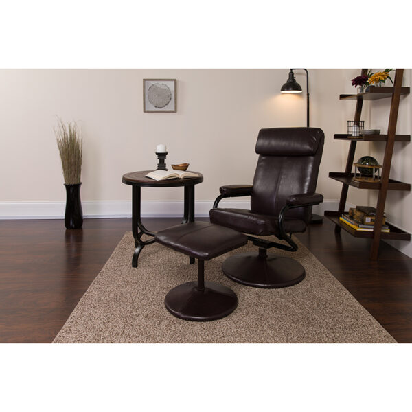 Lowest Price Contemporary Multi-Position Headrest Recliner and Ottoman with Wrapped Base in Brown Leather