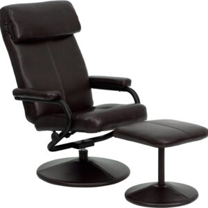 Wholesale Contemporary Multi-Position Headrest Recliner and Ottoman with Wrapped Base in Brown Leather
