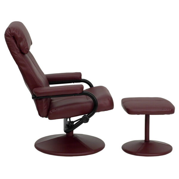 Lowest Price Contemporary Multi-Position Headrest Recliner and Ottoman with Wrapped Base in Burgundy Leather